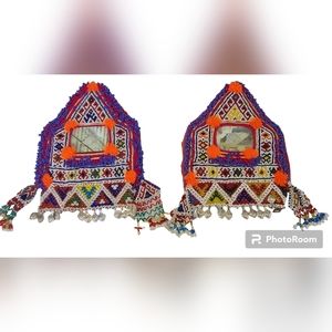 2 HANDMADE BEADED EMBROIDERY TRIBAL ETHNIC WALL HANGING/PATCH BoHo TAPESTRY